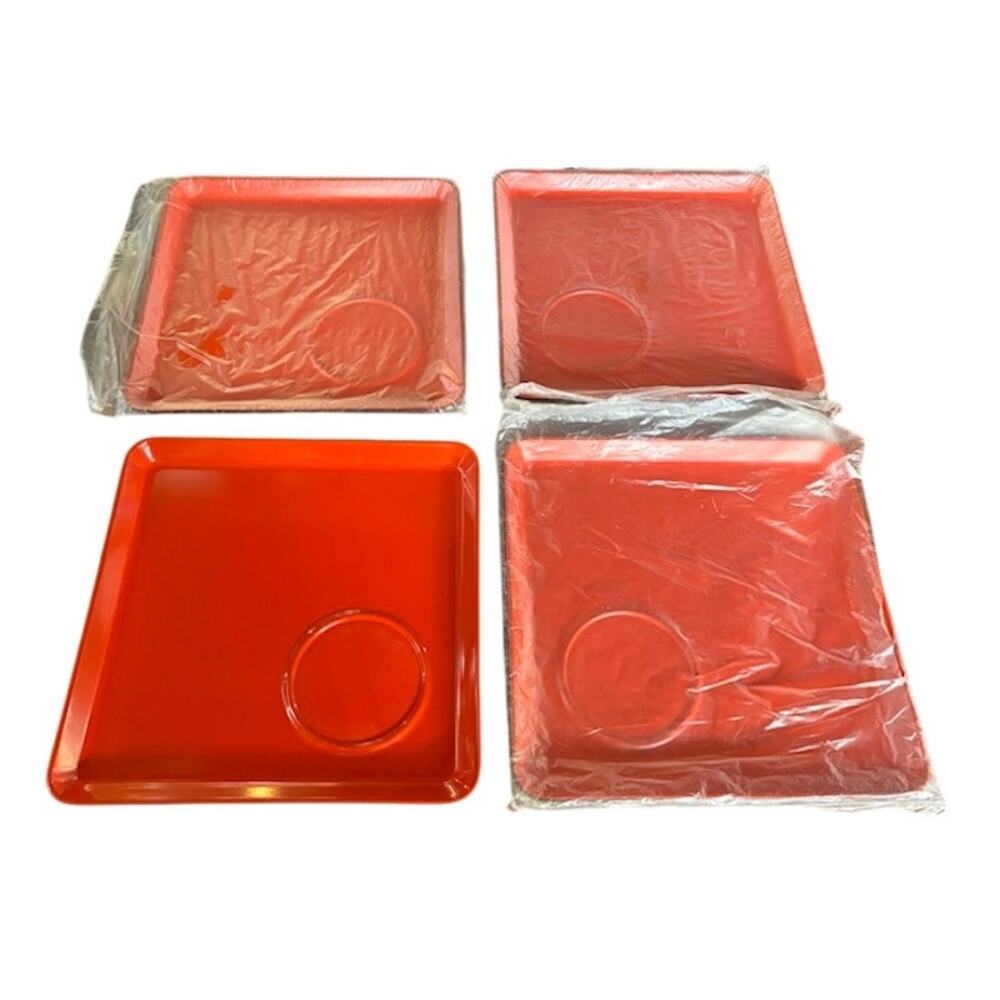Set of 4 Imperial Japan Square Plates NOS Orange Tea Snack w/ Cup Holder Ring
